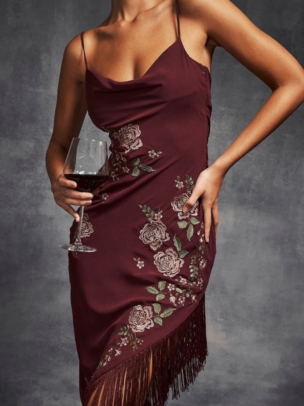 HOUSE OF CB Eloisa Asymmetric Midi Slipdress Spaghetti Strap Floral Fringe SZ S - Picture 7 of 8